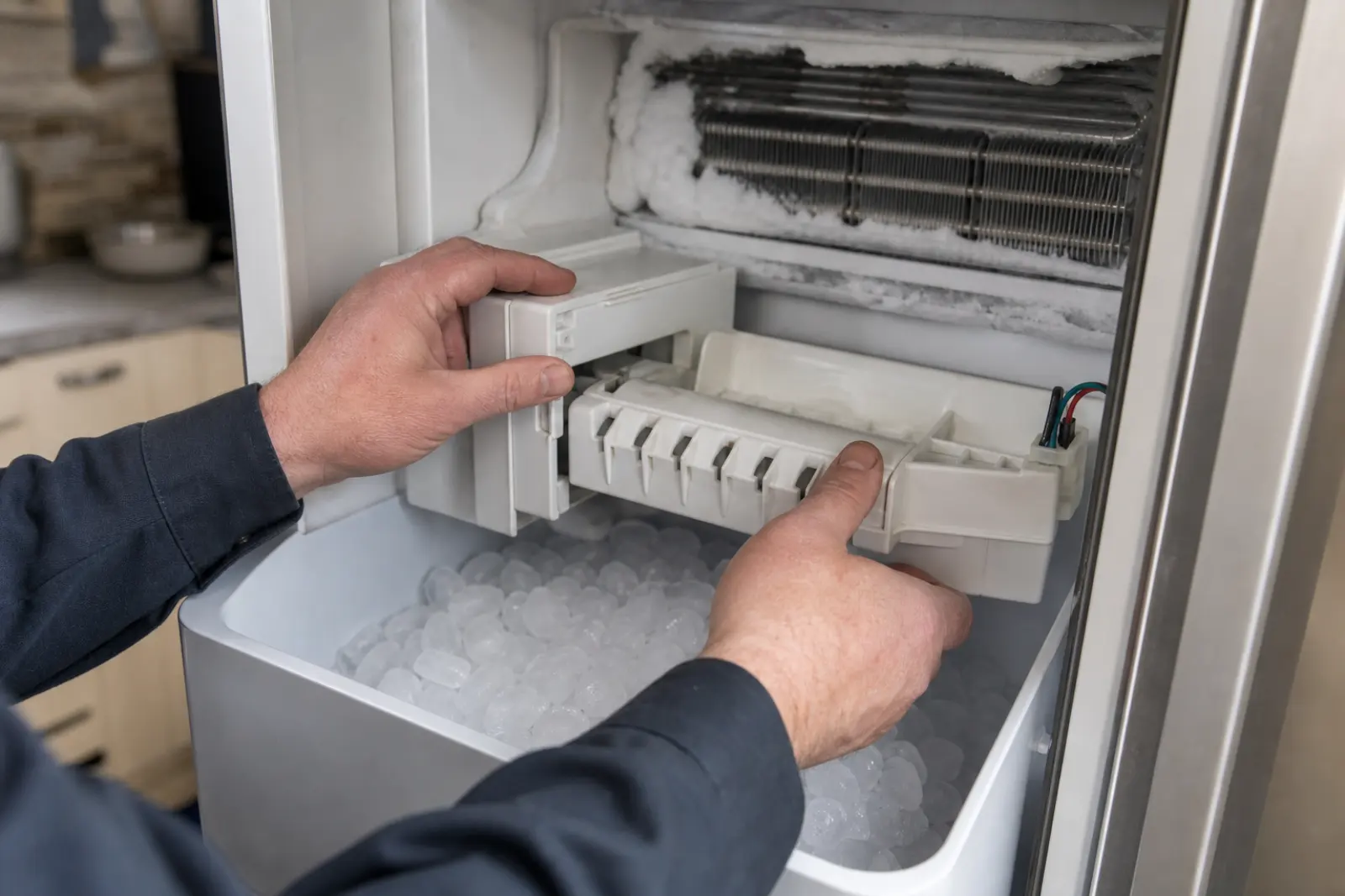Technician inspecting a Electrolux refrigerator ice maker in Leesburg VA